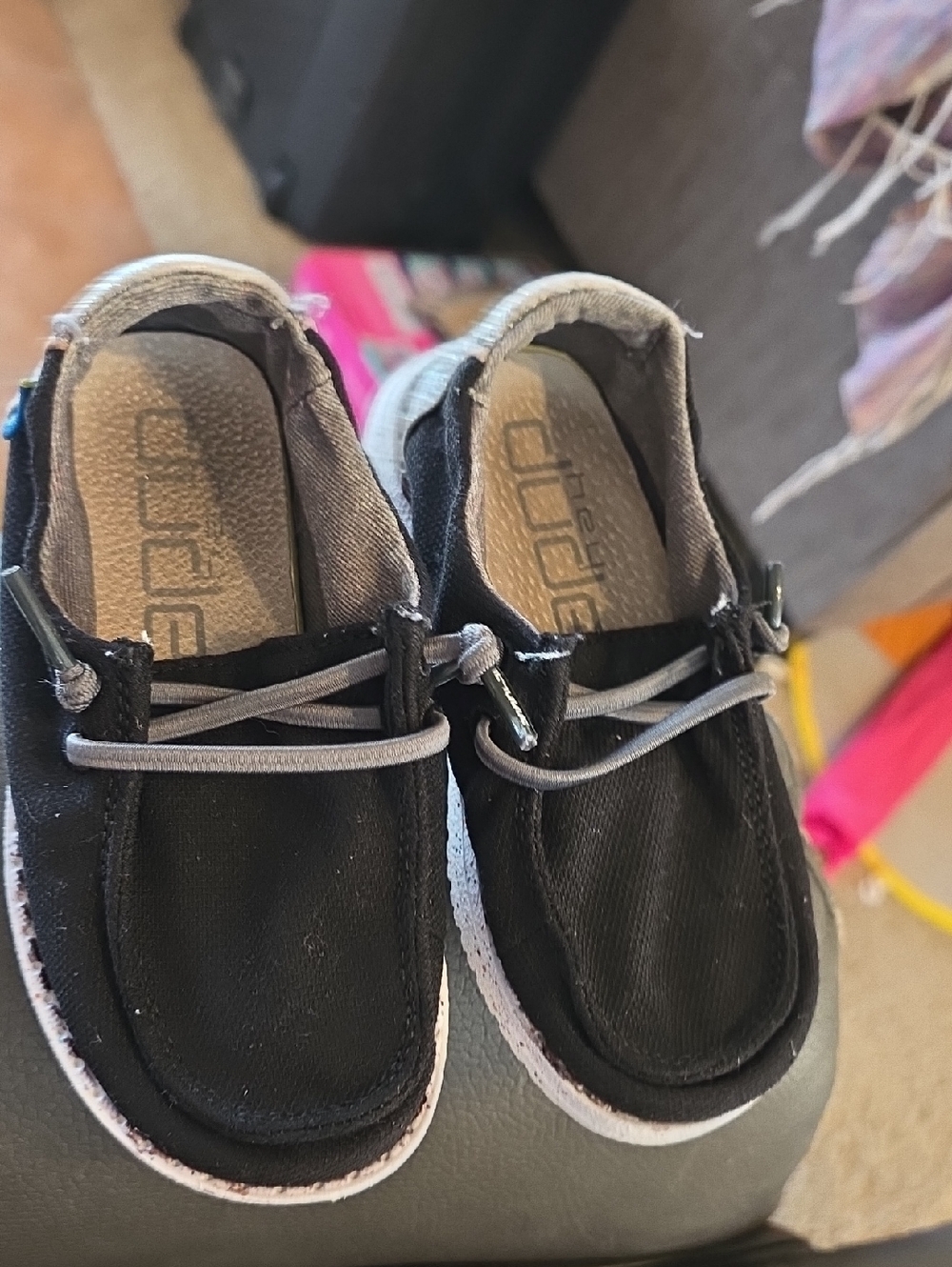 Hey Dude Kids Black Slip-On Canvas Shoes with Gray Laces and Glitter On Back